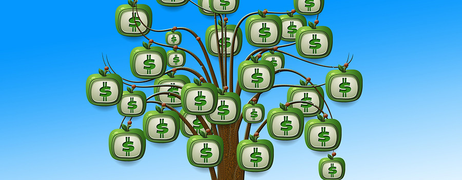 Cartoon tree with money bags as leaves. Cannabis advertising on social media. Can dispensaries advertise on Facebook? Social media advertising for cannabis retail stores. Cola Digital Cannabis Marketing Agency Canada and USA. 