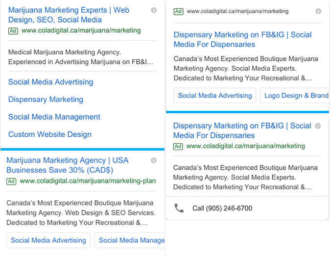 Sample google ppc mobile ads for cannabis advertising and marijuana advertising. How to advertise cannabis on Google. SEM PPC Advertising for cannabis companies. Cannabis advertising on Google Adwords and Google Ads.