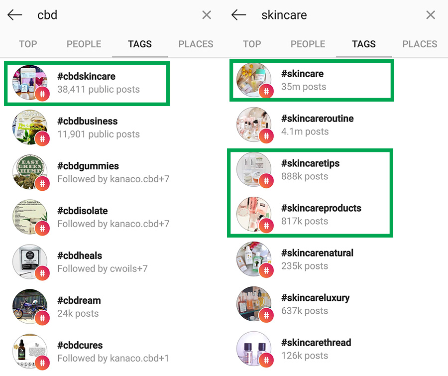 Screenshot of hashtag research for CBD marketing on Instagram. How to find CBD influencers on Instagram. CBD marketing agency. Cannabis marketing and SEO agency.