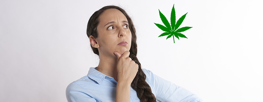 Woman thinking looking at a cannabis leaf. How to open a dispensary in Ontario. Dispensary marketing and advertising plan. Cannabis Marketing Agency.