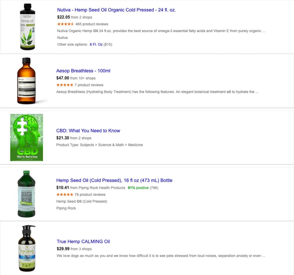 Ads for CBD oil on Google Shopping. Examples of Google Shopping Ads for CBD oil and CBD products. Can you advertise CBD oil on Google? CBD advertising and marketing agency.