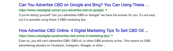 Desktop search engine results listing for CBD SEO agency coladigital.ca.
