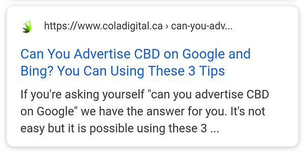 Mobile search result showing title tag, url, and meta description for CBD marketing and CBD SEO agency coladigital.ca.