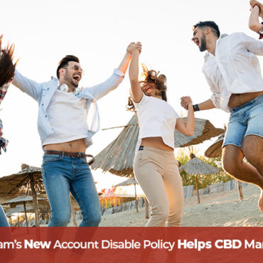 Young people holding hands, jumping, and very happy and celebrating Instagram's new account disable polisy. CBD marketing on Instagram.