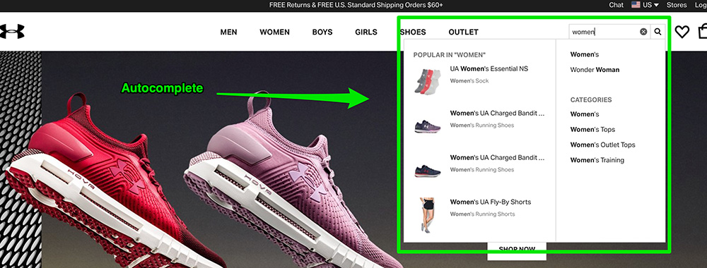 screenshot of e-store on under armour's website.