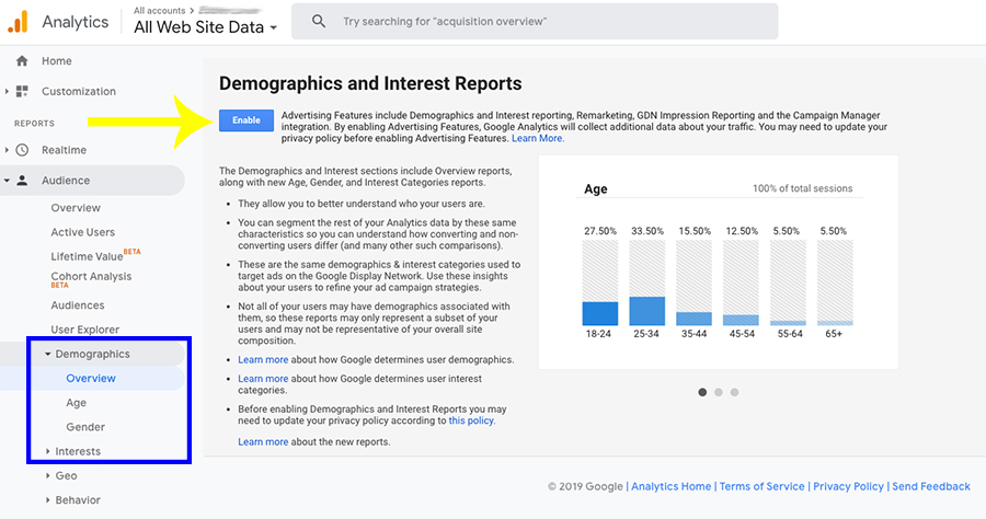 Screenshot of demographics and interests reports in Google Analytics. Cannabis marketing tips for dispensaries. Cannabis marketing agency.