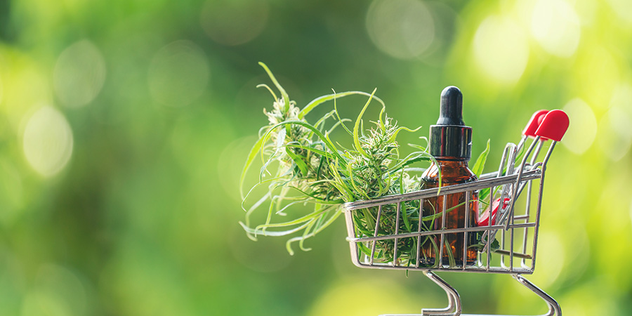 CBD oil in a shopping cart with hemp flowers. CBD marketing case study. Google Ads for CBD products. Can you advertise CBD products on Google?