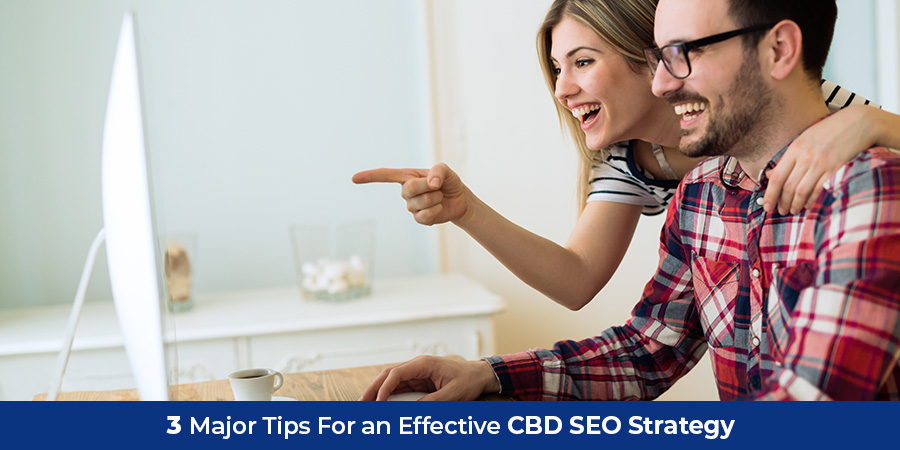 happy couple searching google. cbd seo strategy tips.