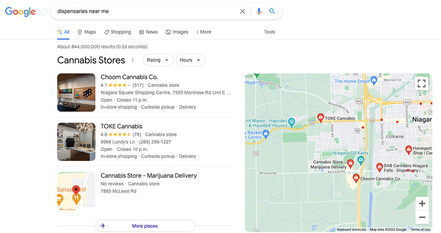 New local map in Google search for cannabis dispensaries local seo and cannabis marketing strategy.