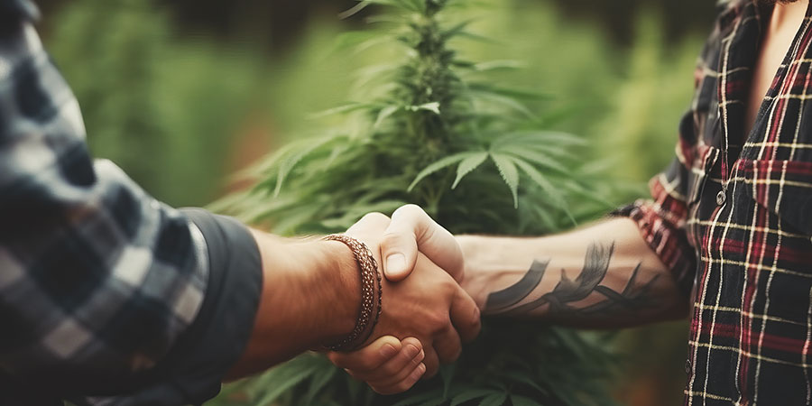 marijuana farmers shaking hands with a cannabis marketing agency