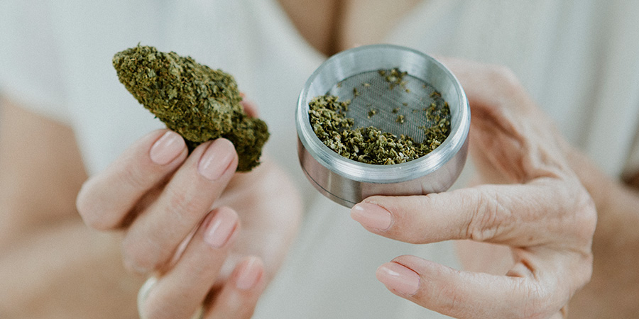 female hands holding cannabis bud and a weed grinder. Cannabis marketing agency.